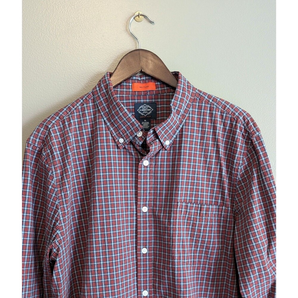 St. John's Bay Mens XL Shirt Red White Check No Tuck Untucked Long Sleeve LS